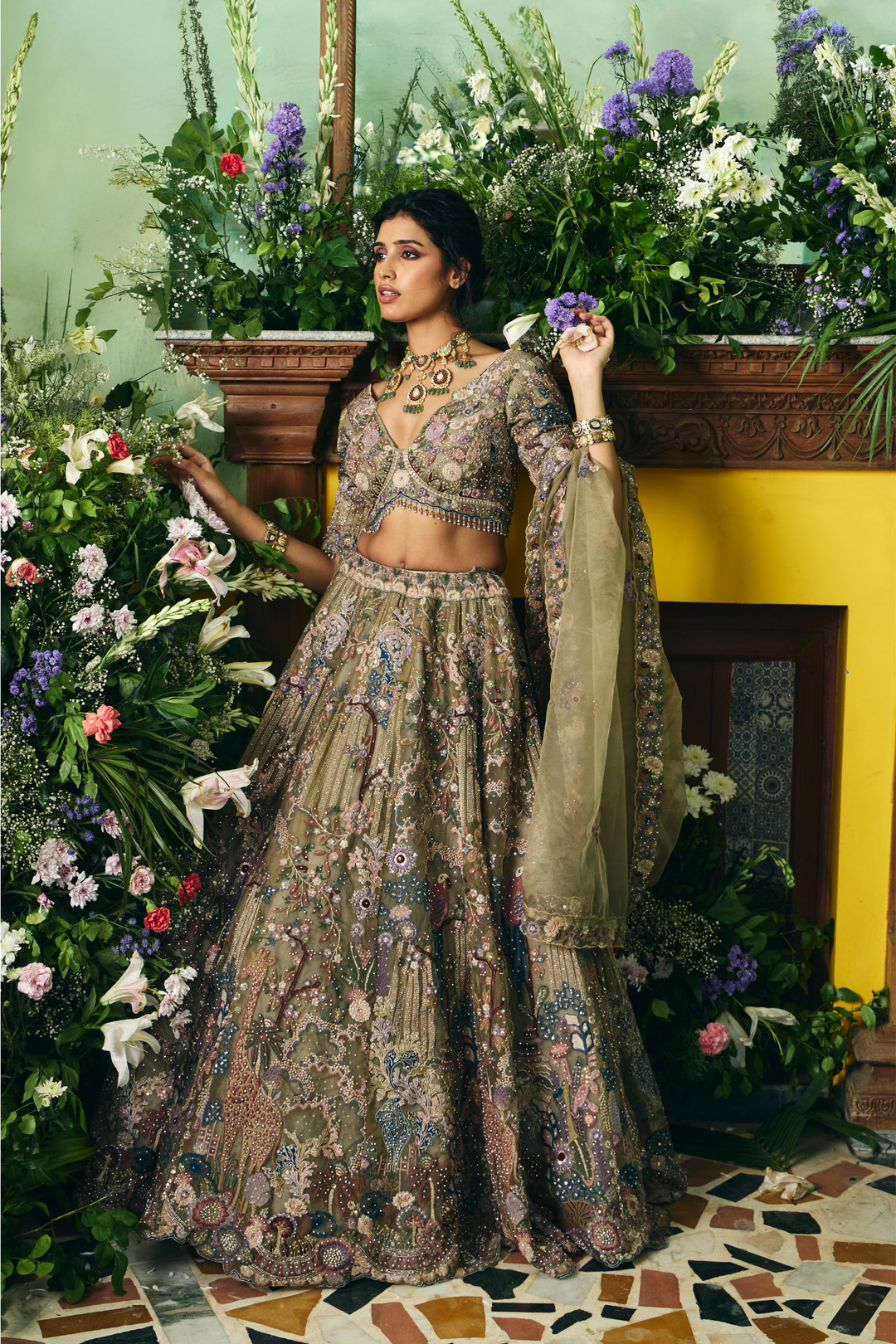 Net Lehenga with Cutdana, Sequins, Stone, Thread, Zardozi, Zari work