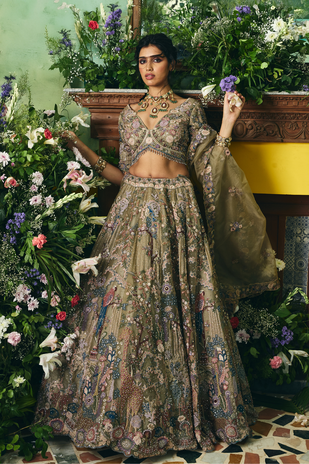 Net Lehenga with Cutdana, Sequins, Stone, Thread, Zardozi, Zari work