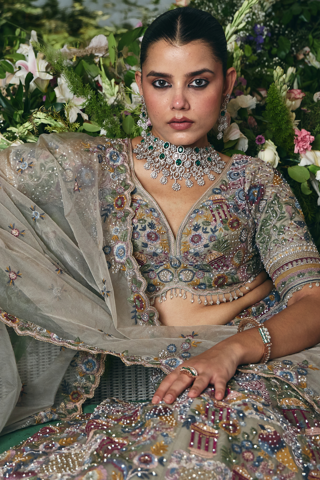 Net Lehenga with Cutdana, Pearl, Sequins, Stone, Thread, Zardozi, Zari work