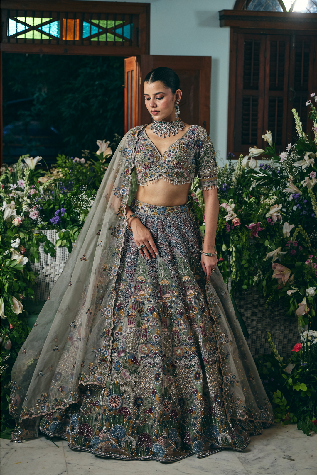 Net Lehenga with Cutdana, Pearl, Sequins, Stone, Thread, Zardozi, Zari work