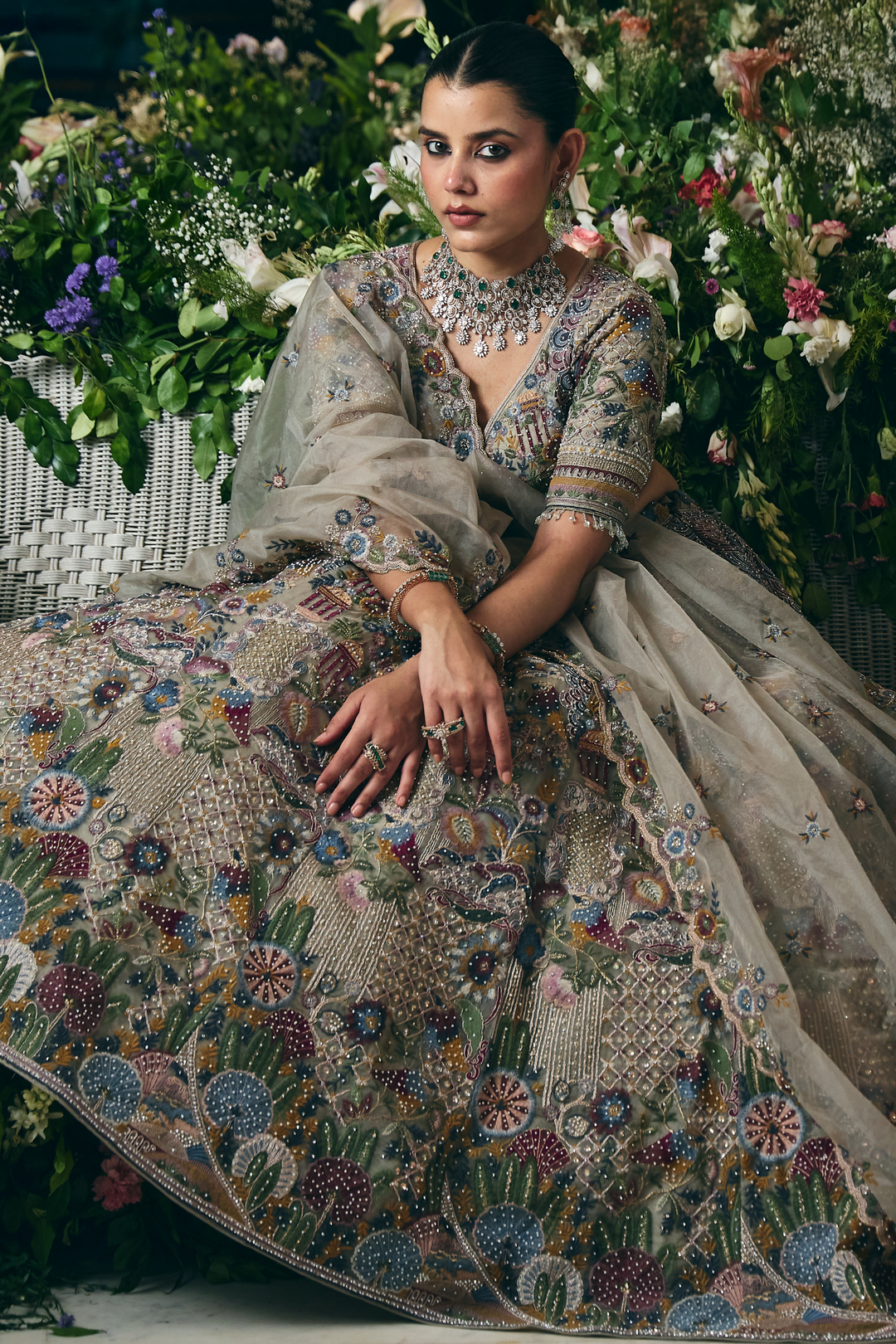 Net Lehenga with Cutdana, Pearl, Sequins, Stone, Thread, Zardozi, Zari work