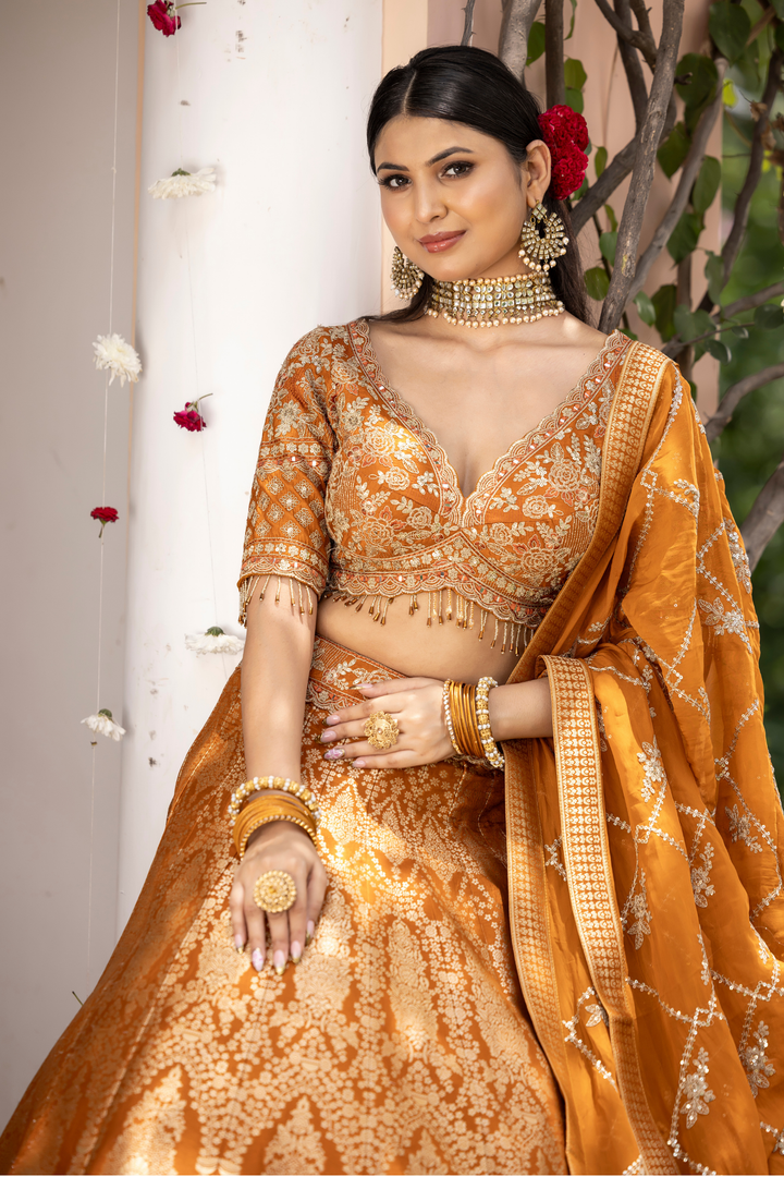 Banarasi silk Lehenga with Cutdana, Sequins, Stone, Thread, Zardozi, Zari work