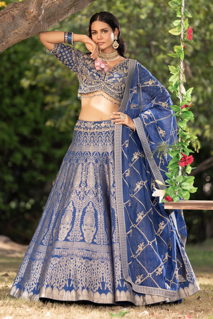Dark Blue Banarasi Silk Lehenga