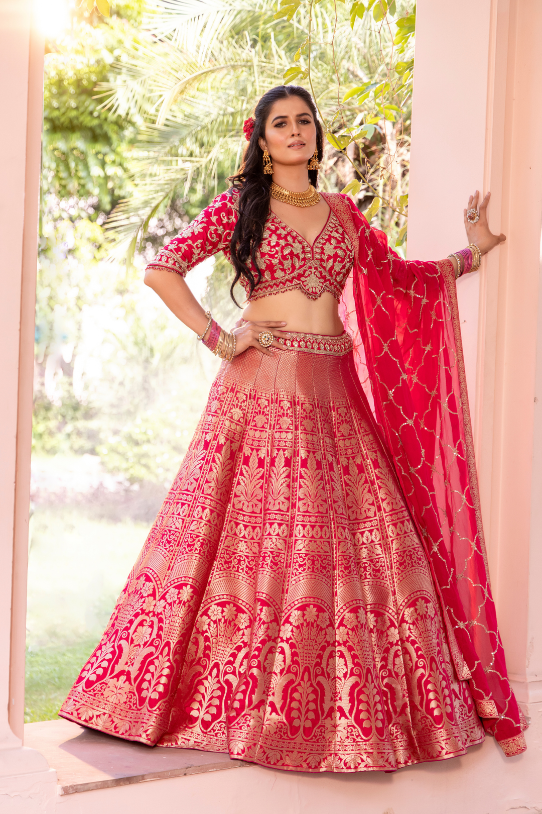Dark Pink Banarasi Silk Lehenga