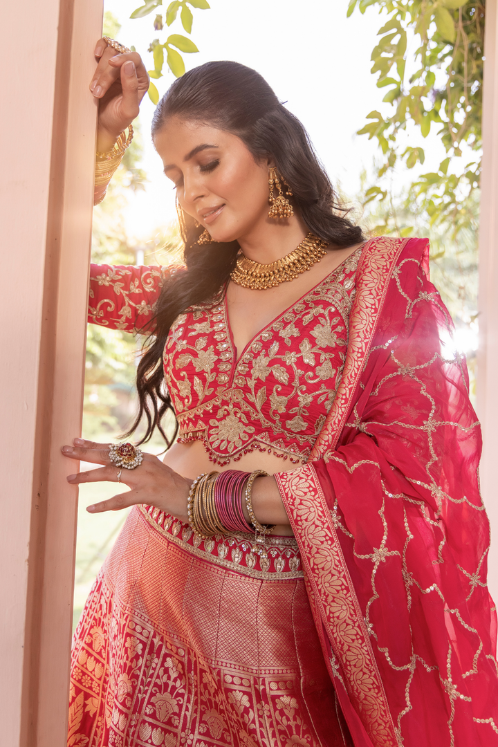 Banarasi silk Lehenga with Cutdana, Sequins, Stone, Thread, Zardozi, Zari work