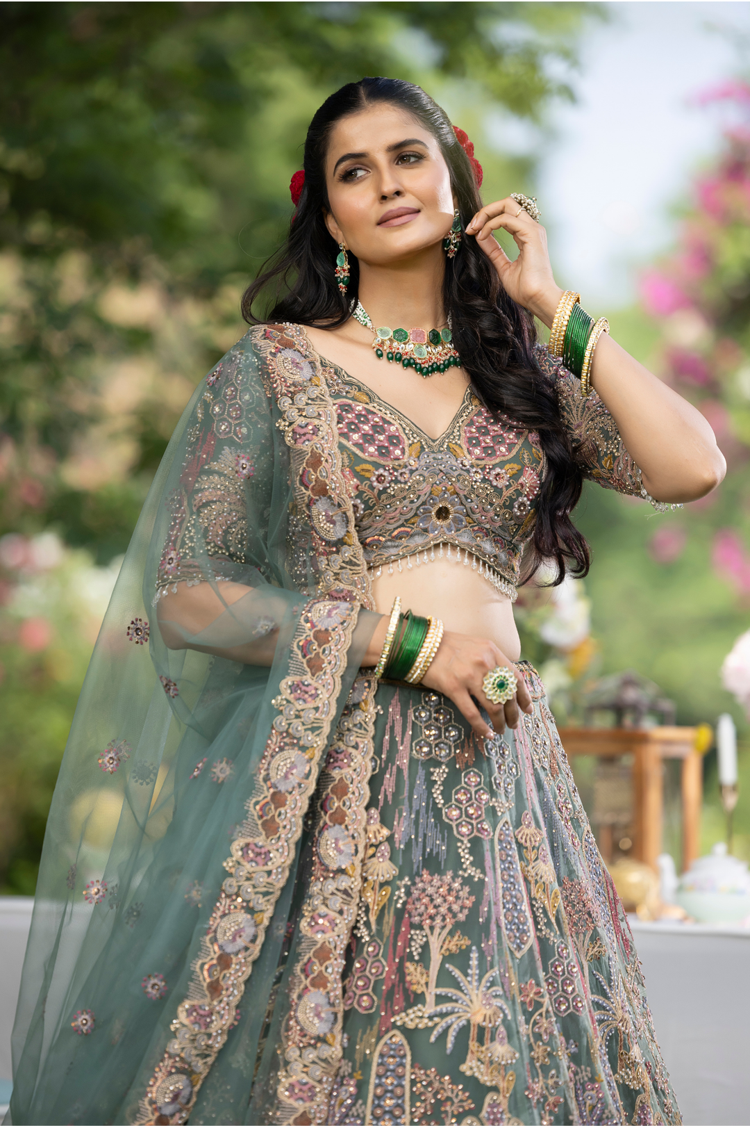 Net Lehenga with Cutdana, Sequins, Stone, Thread, Zari work