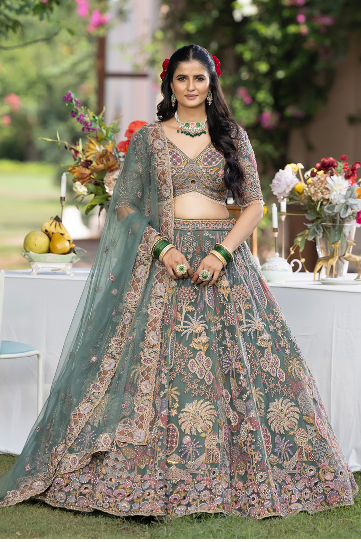 Dark Green Net Lehenga