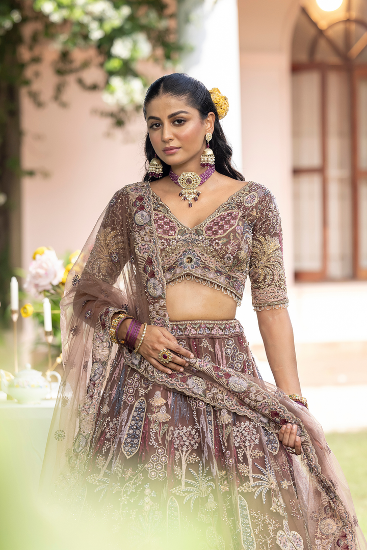 Net Lehenga with Cutdana, Sequins, Stone, Thread, Zari work