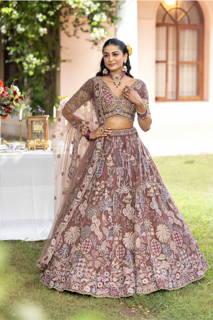 Net Lehenga with Cutdana, Sequins, Stone, Thread, Zari work