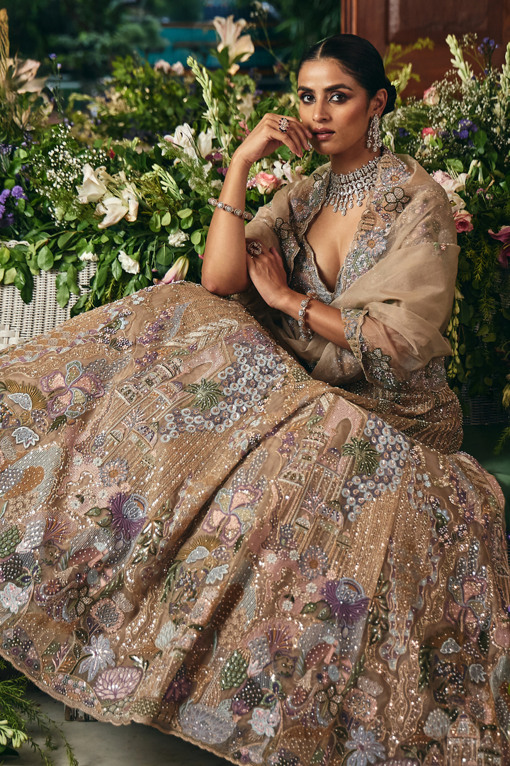 Net Lehenga with Cutdana, Sequins, Stone, Thread, Zari work