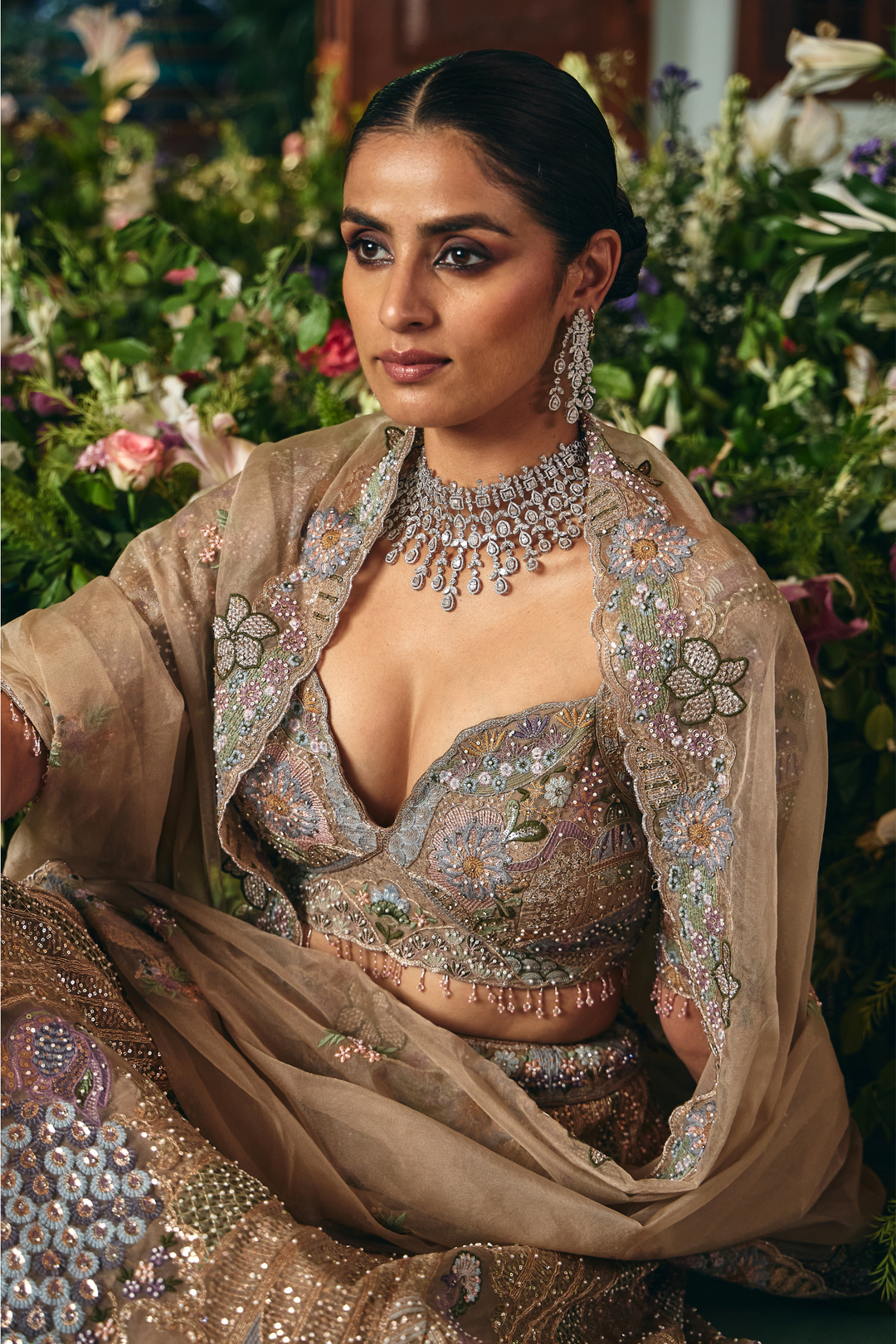 Net Lehenga with Cutdana, Sequins, Stone, Thread, Zari work