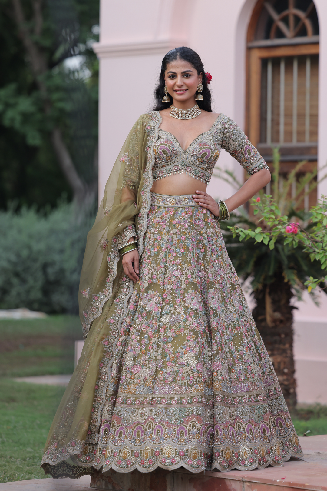 Net Lehenga with Cutdana, Sequins, Stone work