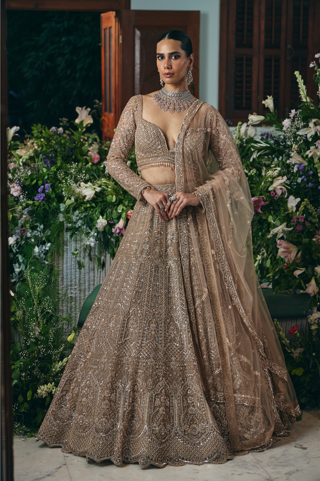 Net Lehenga with Cutdana, Sequins, Stone, Thread work