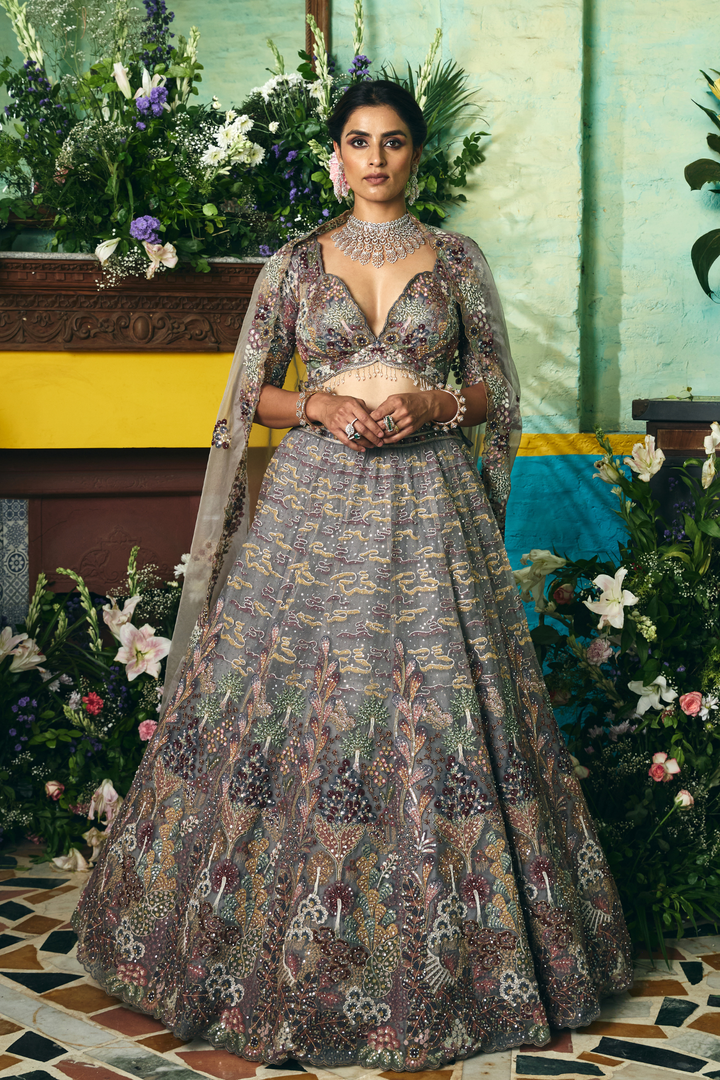 Net Lehenga with Sequins, Stone, Thread work