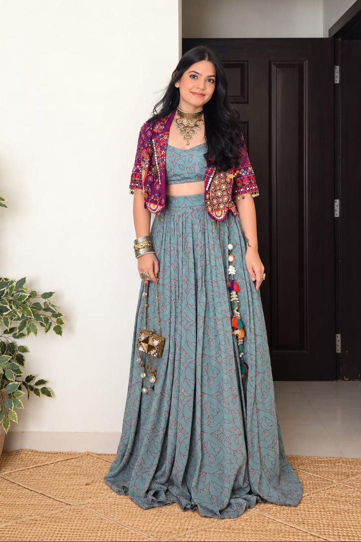 Georgette Indowestern with Mirror, Sequins, Thread, Zardozi, Zari work.