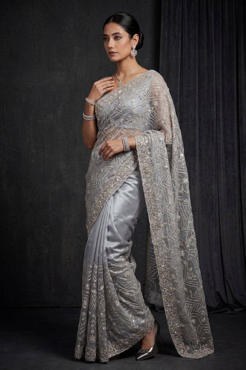 Tissue Saree with Cutdana, Danka, Pearl, Sequins work.