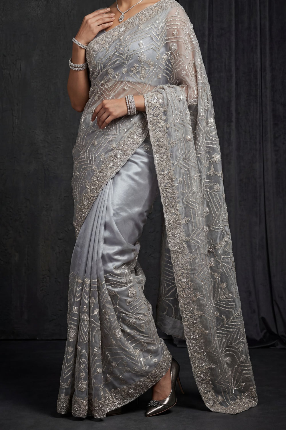 Grey Tissue Saree For Parties