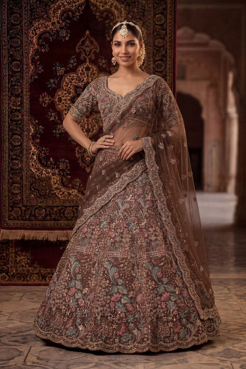 Net Lehenga with Dori, Sequins, Stone, Thread work.