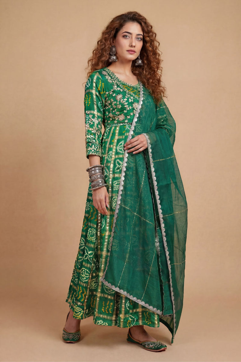 Gajji bandhej silk Suit with Cutdana, Dori, Gota Patti, Sequins, Thread work.