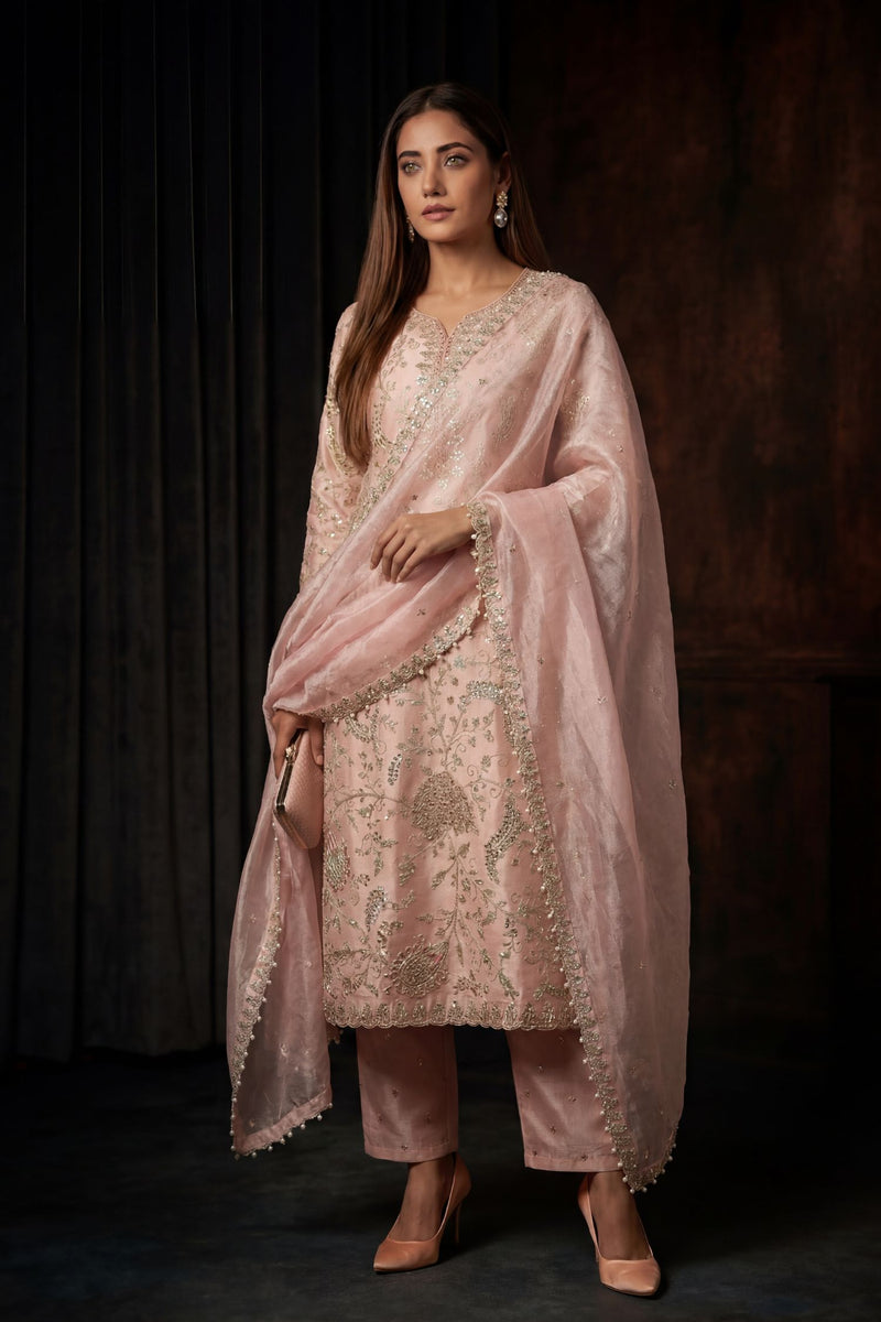 Tissue Suit with Dori, Gota Patti, Sequins, Thread work.