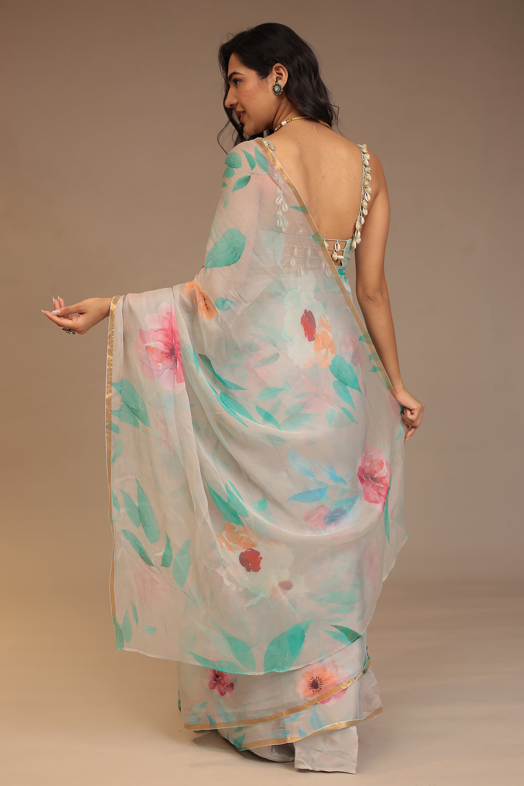 Digital Print Chiffon Saree with Zari work