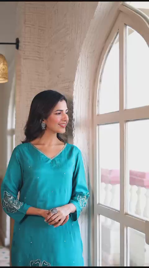 Embroidered Silk Blend Kurta Set with Sequins work