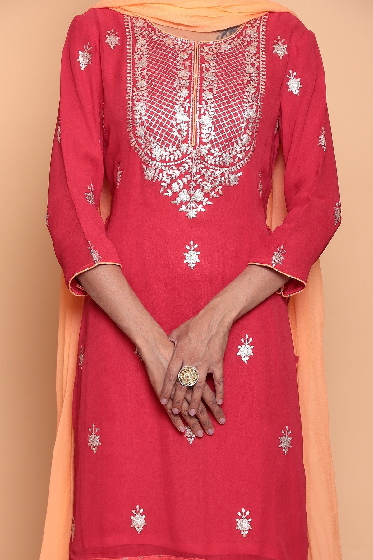 Buy Gully Chiq Red earth melange Cotton suit set with Pittan work -Red,  blue & beige at Amazon.in